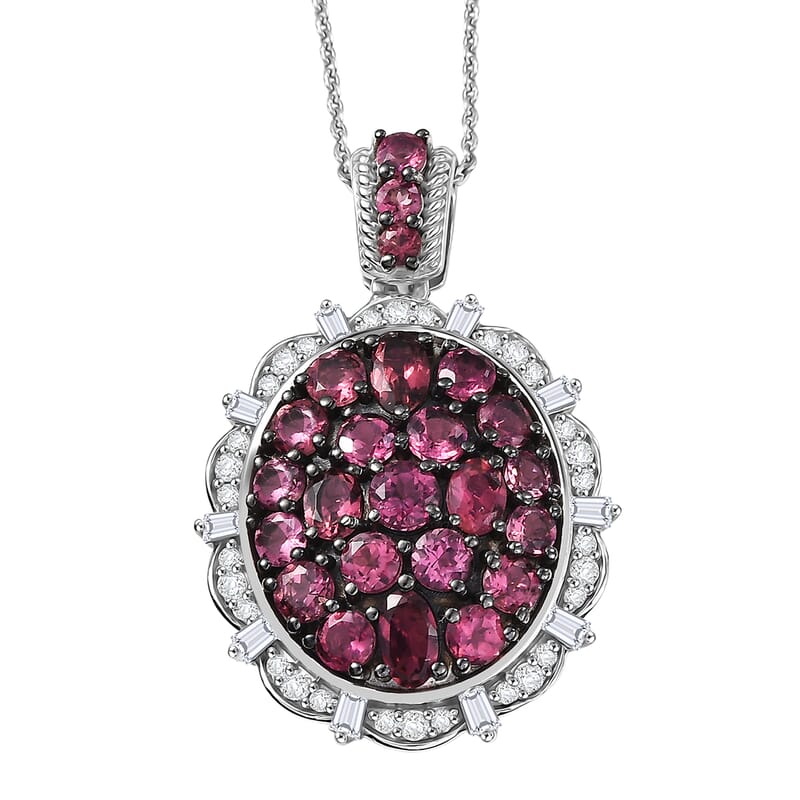 D'Joy Ouro Fino Rubellite, Moissanite Floral Pendant Necklace in Rhodium Over Sterling Silver 3.90 ctw (20 Inches)