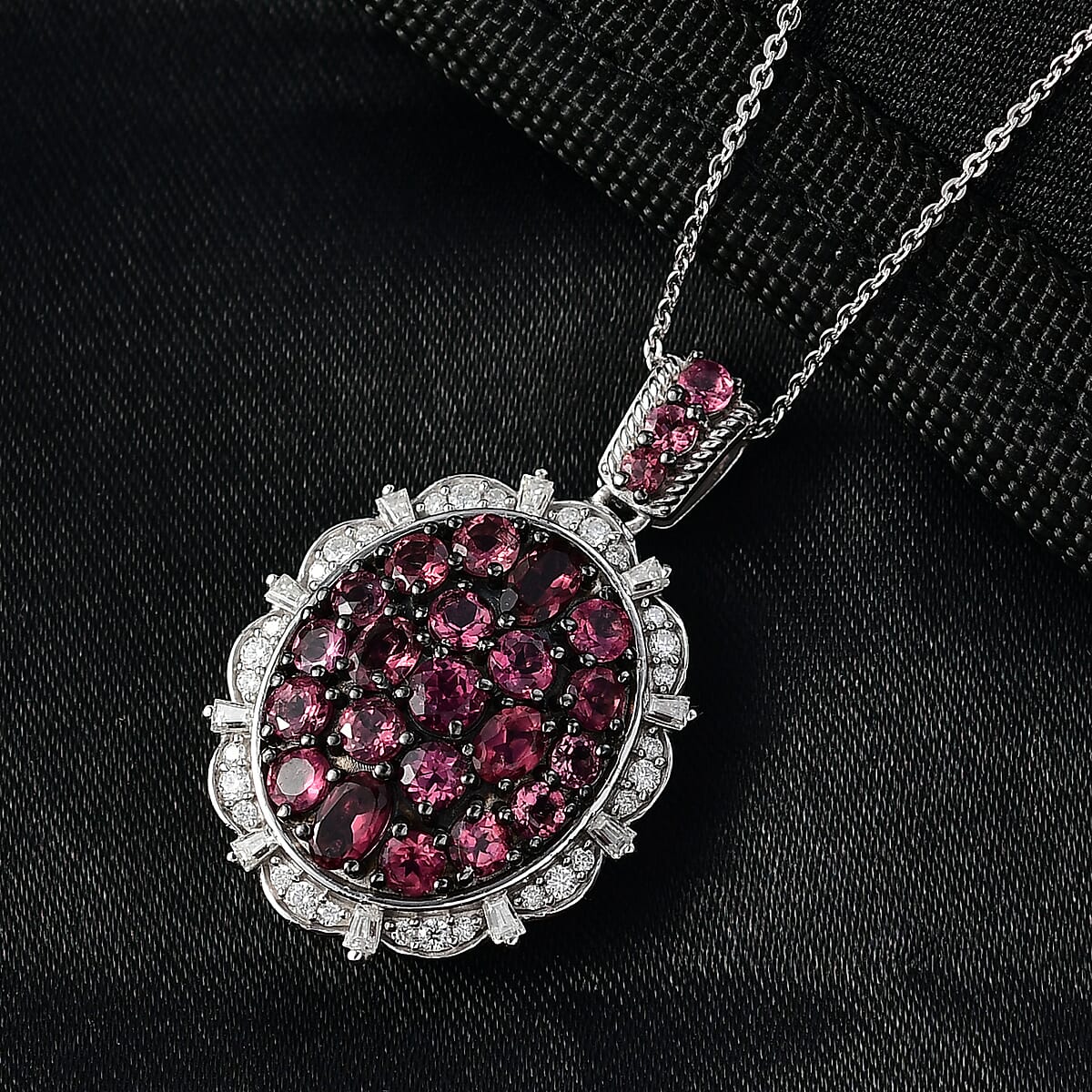 D'Joy Ouro Fino Rubellite and Moissanite 3.90 ctw Floral Bloom Pendant Necklace in Rhodium Over Sterling Silver 20 Inches image number 1