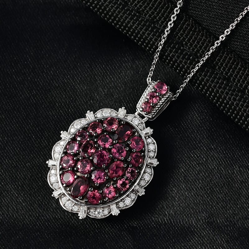 D'Joy Ouro Fino Rubellite, Moissanite Floral Pendant Necklace in Rhodium Over Sterling Silver 3.90 ctw (20 Inches)