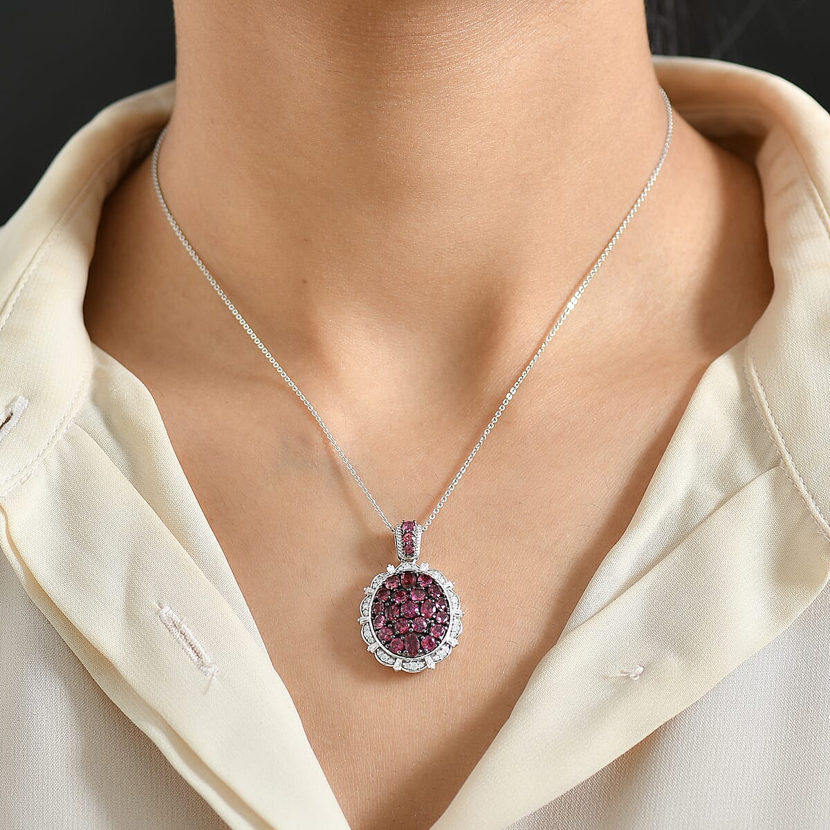 D'Joy Ouro Fino Rubellite and Moissanite 3.90 ctw Floral Bloom Pendant Necklace in Rhodium Over Sterling Silver 20 Inches image number 2