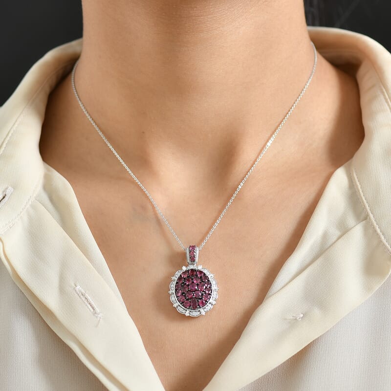 D'Joy Ouro Fino Rubellite, Moissanite Floral Pendant Necklace in Rhodium Over Sterling Silver 3.90 ctw (20 Inches)