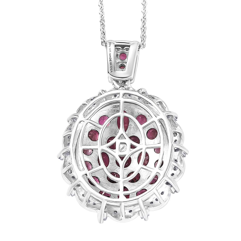 D'Joy Ouro Fino Rubellite, Moissanite Floral Pendant Necklace in Rhodium Over Sterling Silver 3.90 ctw (20 Inches)