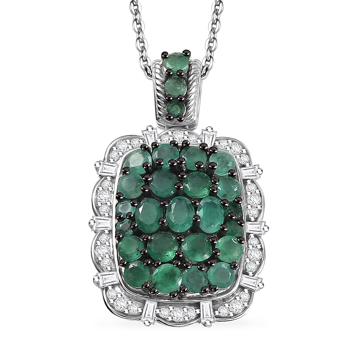 D'Joy Zambian Emerald, Moissanite Floral Pendant Necklace in Rhodium Over Sterling Silver 3.00 ctw (20 Inches)
