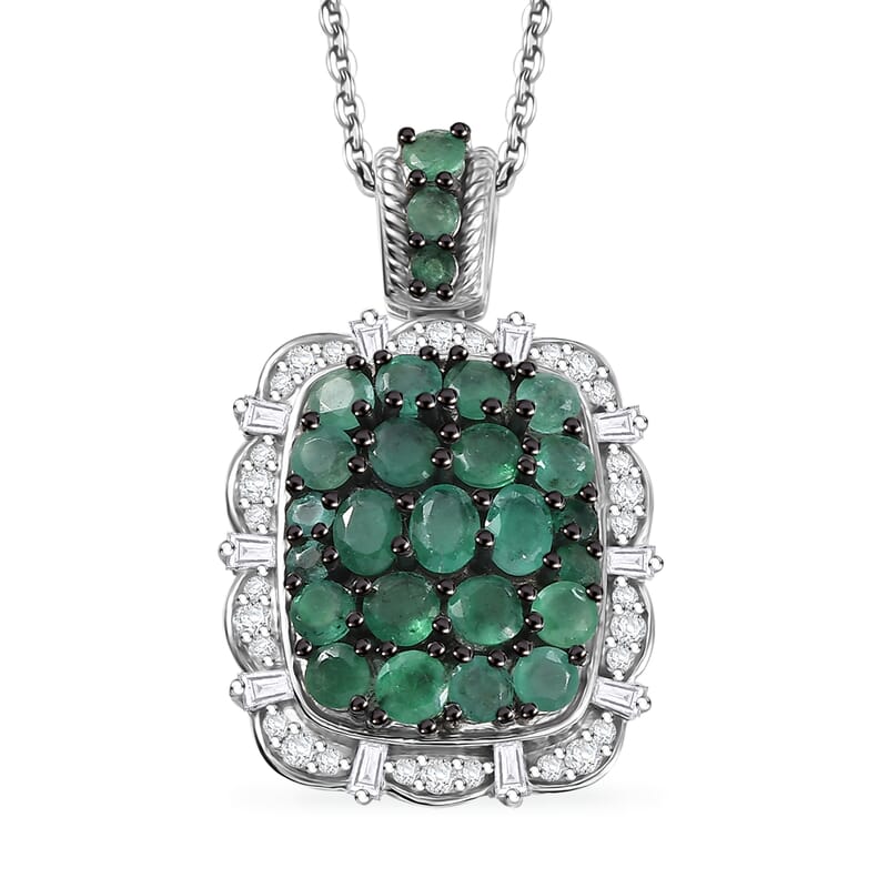 D'Joy Zambian Emerald, Moissanite Floral Pendant Necklace in Rhodium Over Sterling Silver 3.00 ctw (20 Inches)