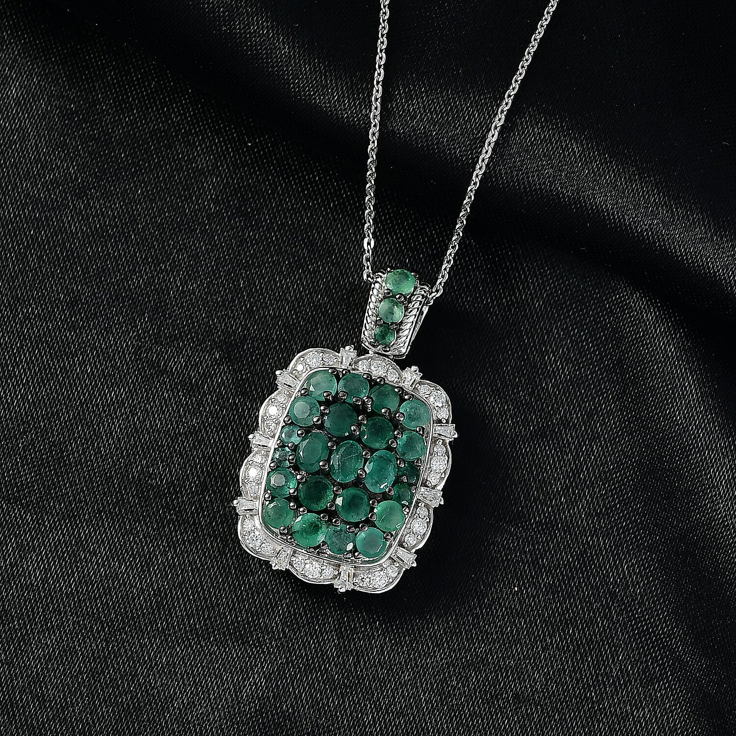 D'Joy Zambian Emerald, Moissanite Floral Pendant Necklace in Rhodium Over Sterling Silver 3.00 ctw (20 Inches)