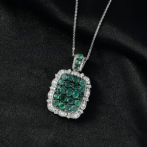 D'Joy Zambian Emerald, Moissanite Floral Pendant Necklace in Rhodium Over Sterling Silver 3.00 ctw (20 Inches)