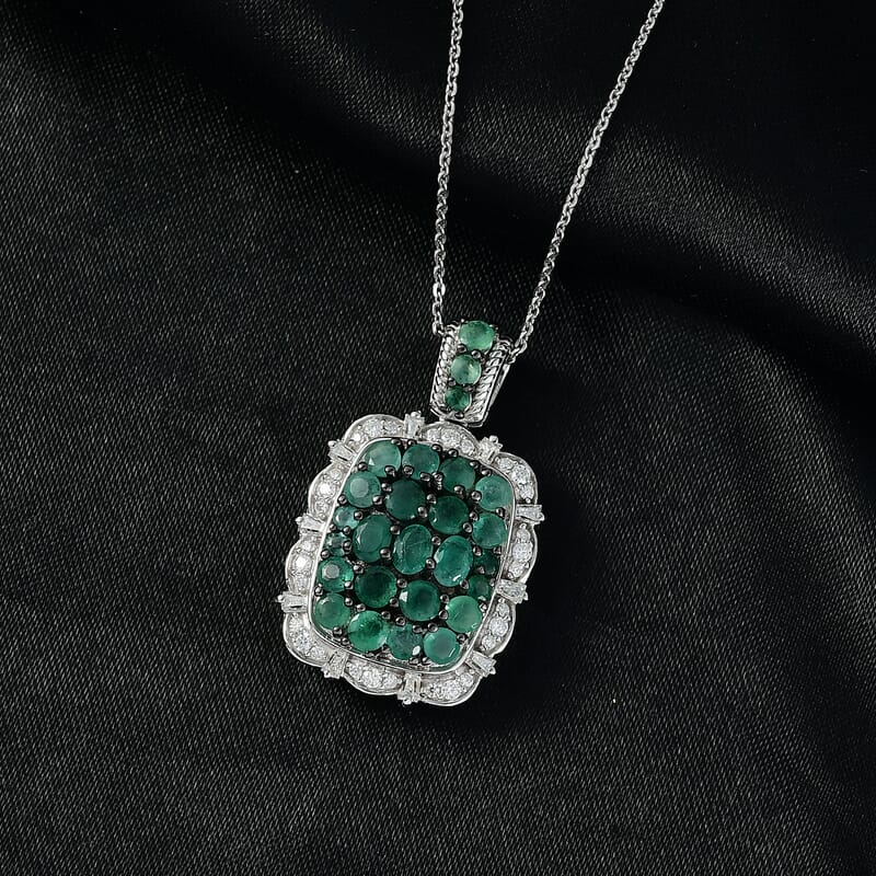 D'Joy Zambian Emerald, Moissanite Floral Pendant Necklace in Rhodium Over Sterling Silver 3.00 ctw (20 Inches)