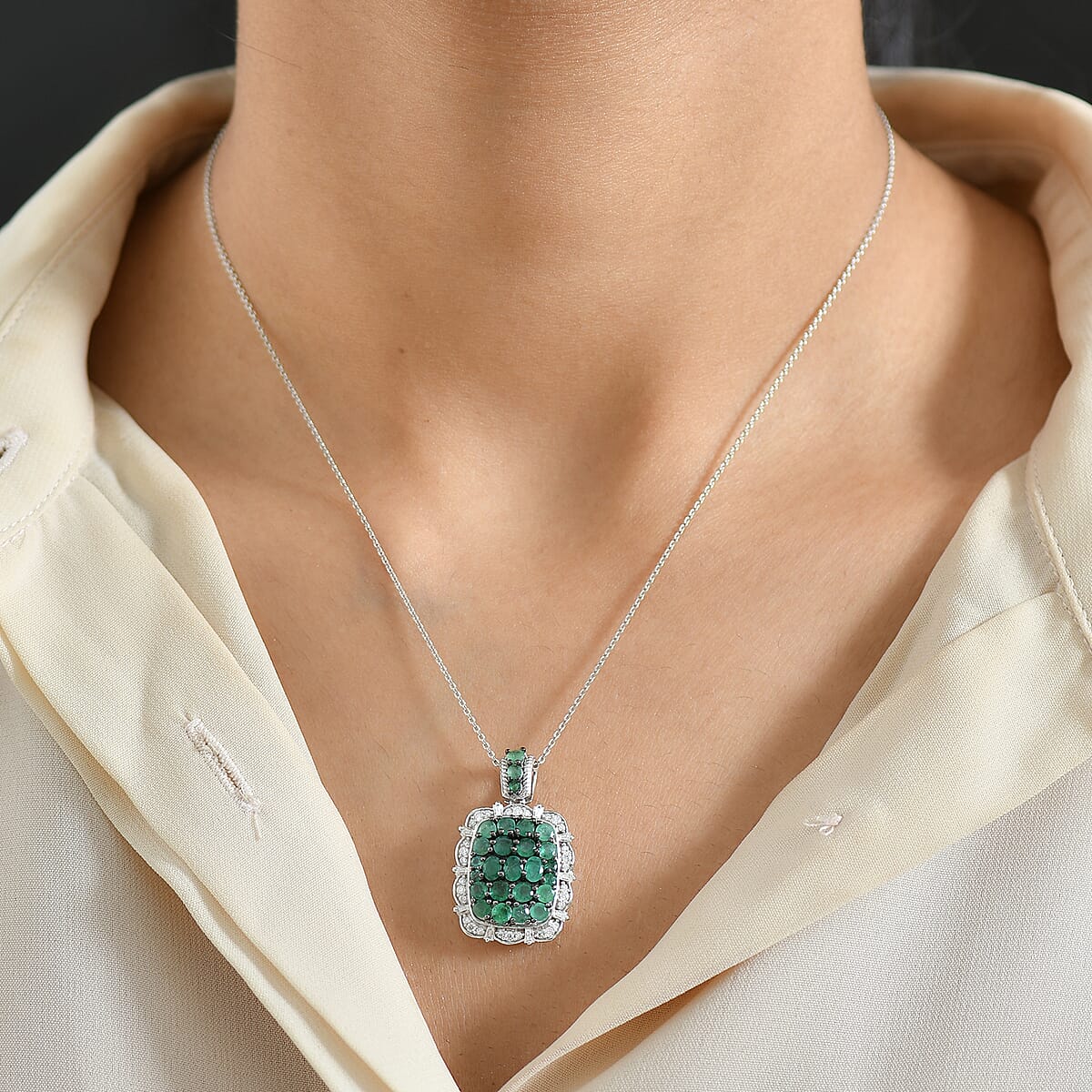 D'Joy Kagem Zambian Emerald and Moissanite 3.00 ctw Floral Bloom Pendant Necklace in Rhodium Over Sterling Silver 20 Inches image number 2