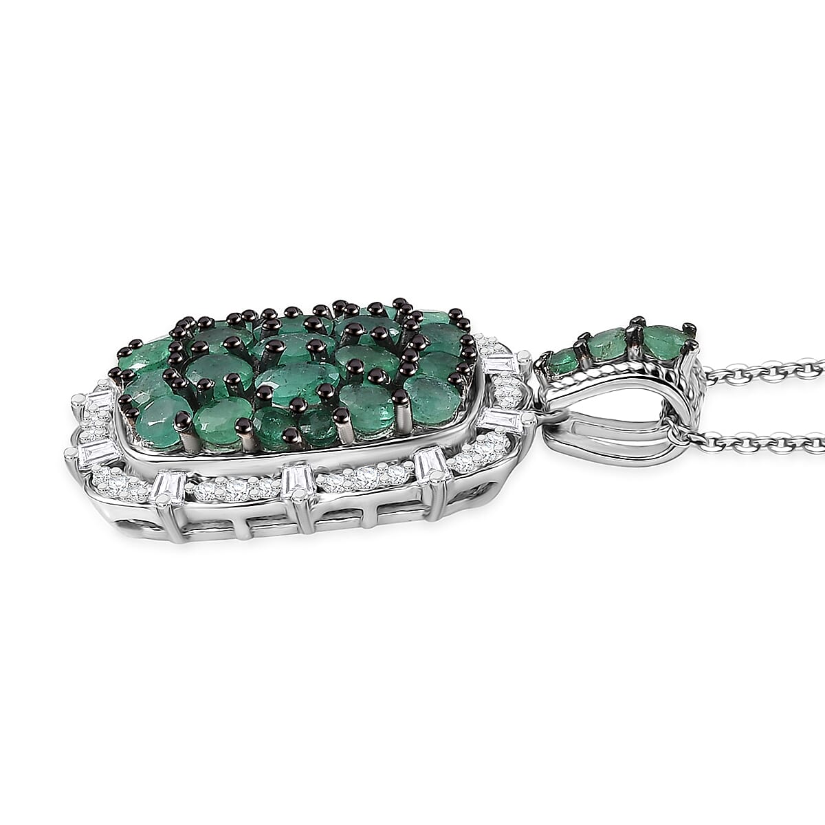 D'Joy Zambian Emerald, Moissanite Floral Pendant Necklace in Rhodium Over Sterling Silver 3.00 ctw (20 Inches)