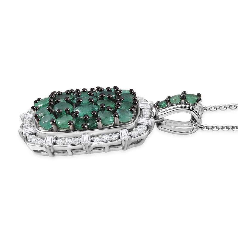 D'Joy Zambian Emerald, Moissanite Floral Pendant Necklace in Rhodium Over Sterling Silver 3.00 ctw (20 Inches)