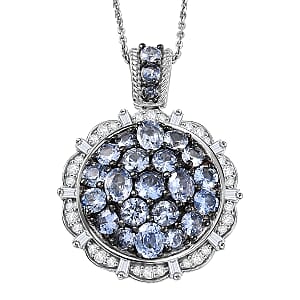 D'Joy Ceylon Blue Sapphire and Moissanite 4.10 ctw Floral Bloom Pendant Necklace in Rhodium Over Sterling Silver 20 Inches 