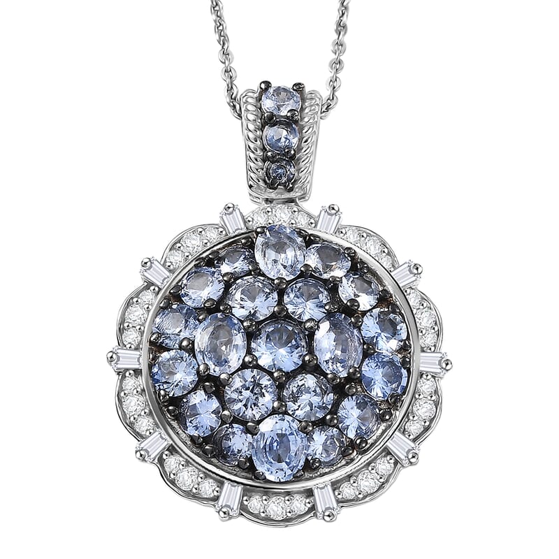 D'Joy Ceylon Blue Sapphire, Moissanite Floral Pendant Necklace in Rhodium Over Sterling Silver 4.10 ctw (20 Inches)