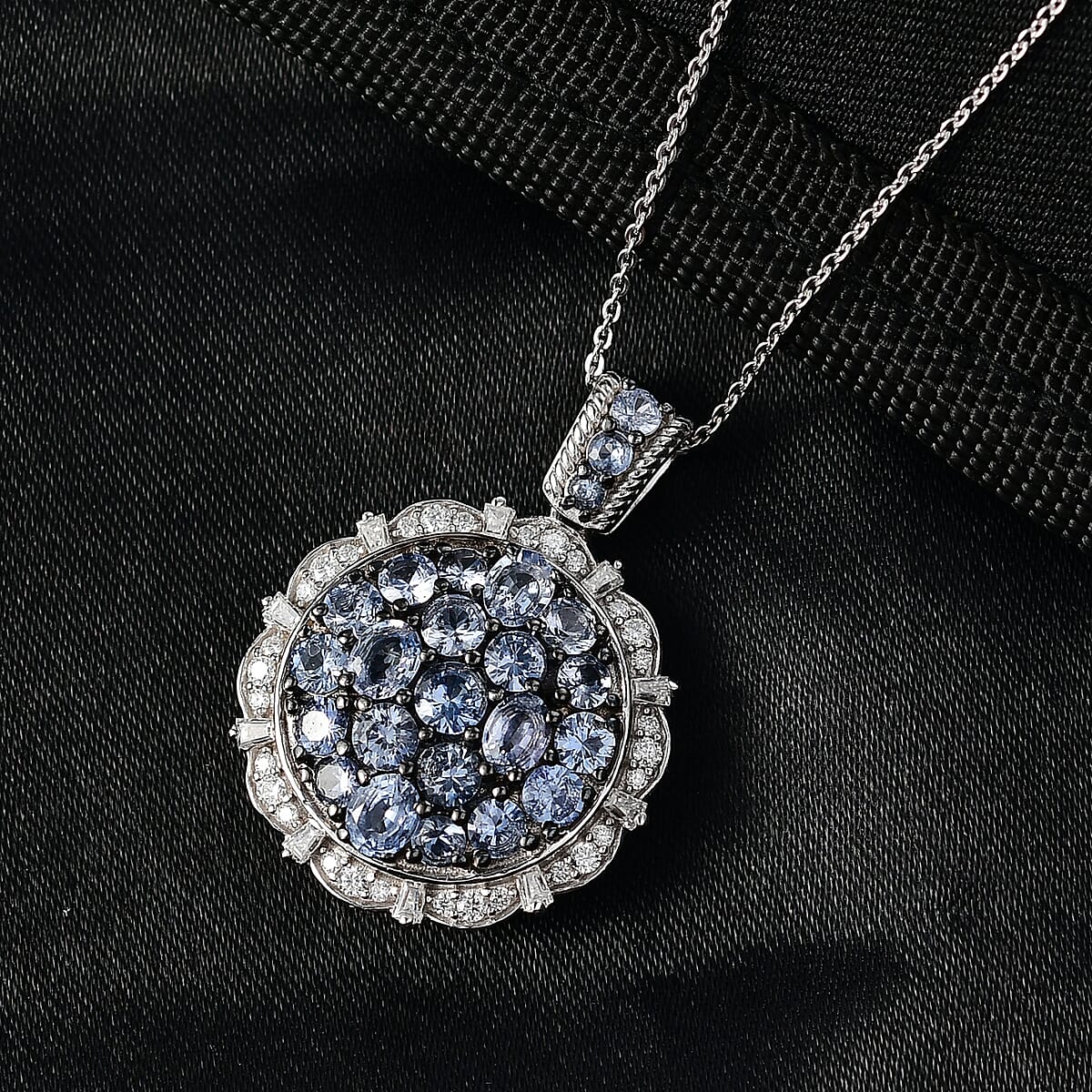 D'Joy Ceylon Blue Sapphire and Moissanite 4.10 ctw Floral Bloom Pendant Necklace in Rhodium Over Sterling Silver 20 Inches  image number 1