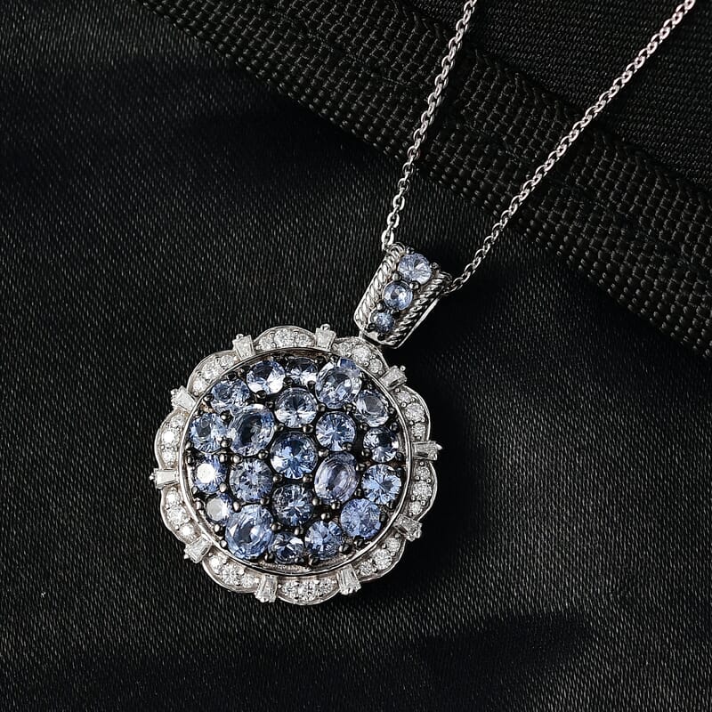 D'Joy Ceylon Blue Sapphire, Moissanite Floral Pendant Necklace in Rhodium Over Sterling Silver 4.10 ctw (20 Inches)
