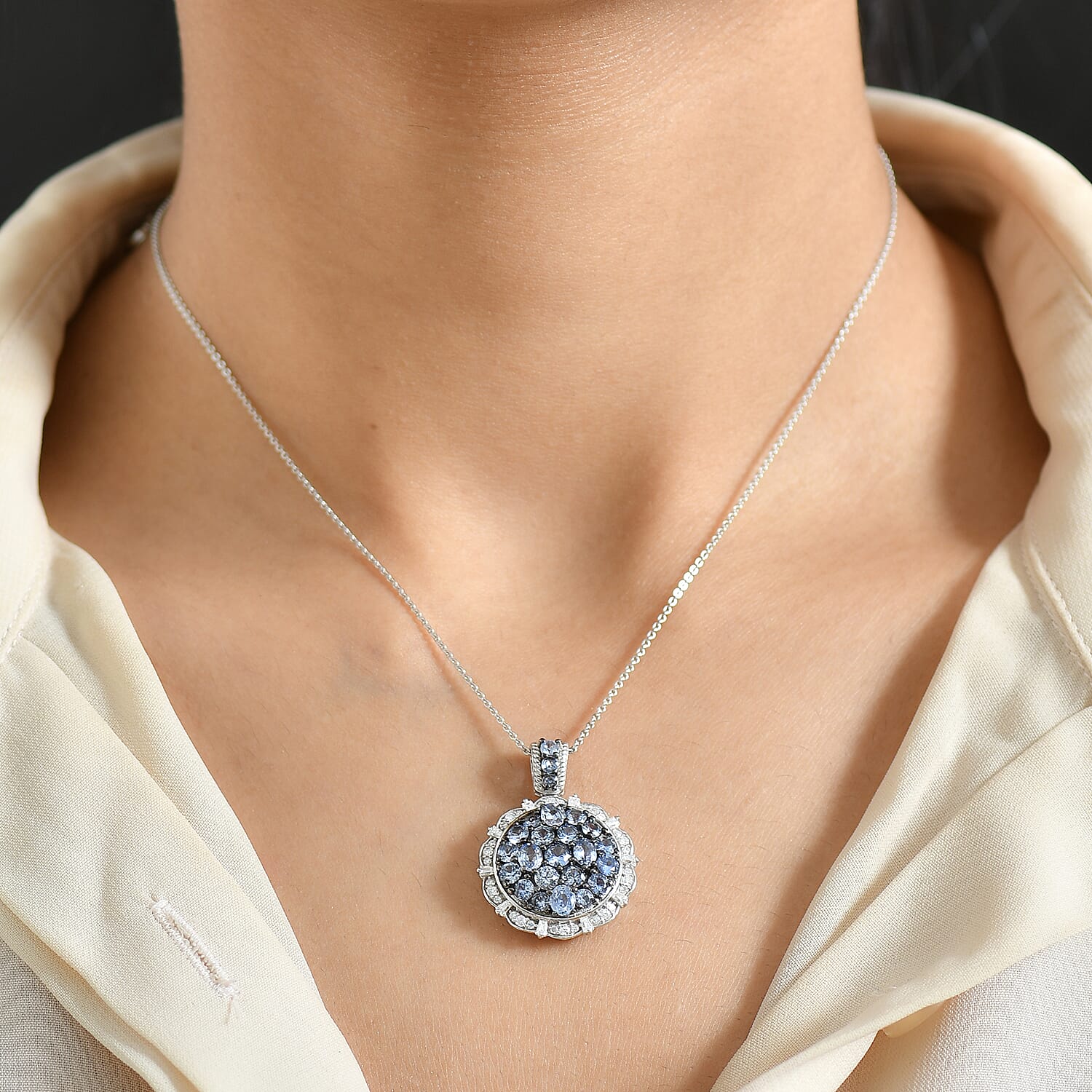 D'Joy Ceylon Blue Sapphire, Moissanite Floral Pendant Necklace in Rhodium Over Sterling Silver 4.10 ctw (20 Inches)
