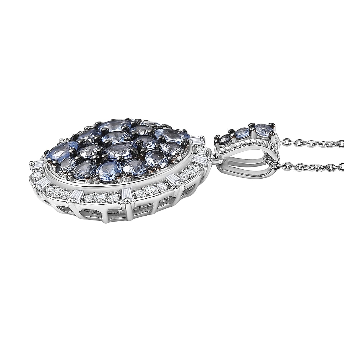 D'Joy Ceylon Blue Sapphire, Moissanite Floral Pendant Necklace in Rhodium Over Sterling Silver 4.10 ctw (20 Inches)