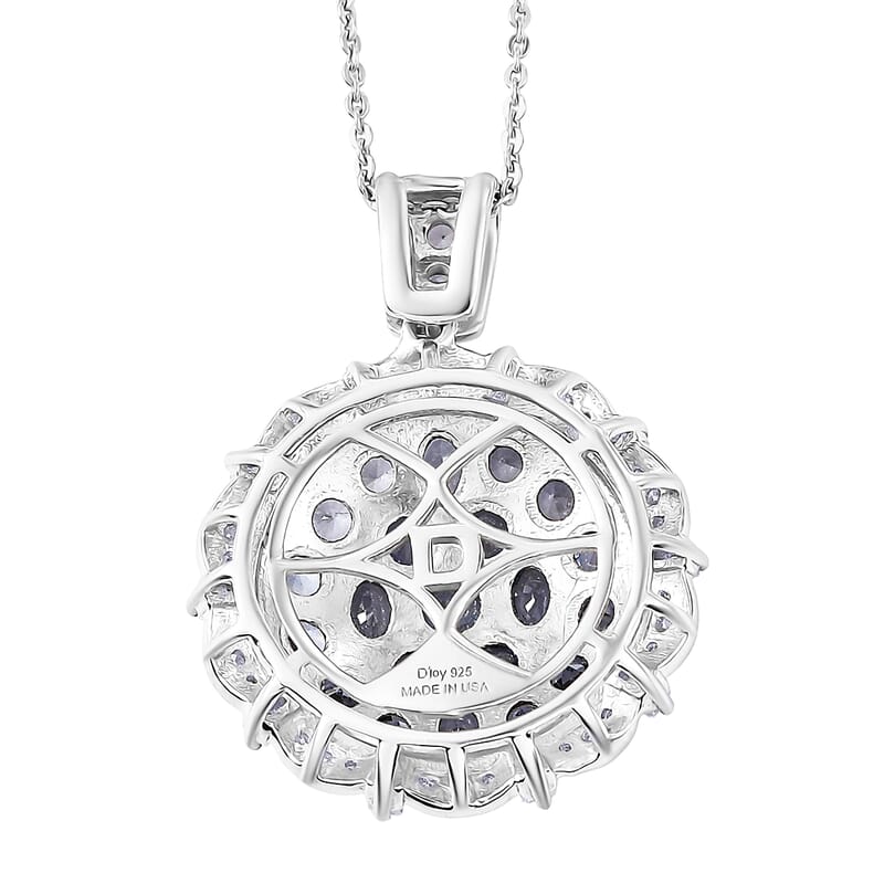 D'Joy Ceylon Blue Sapphire, Moissanite Floral Pendant Necklace in Rhodium Over Sterling Silver 4.10 ctw (20 Inches)