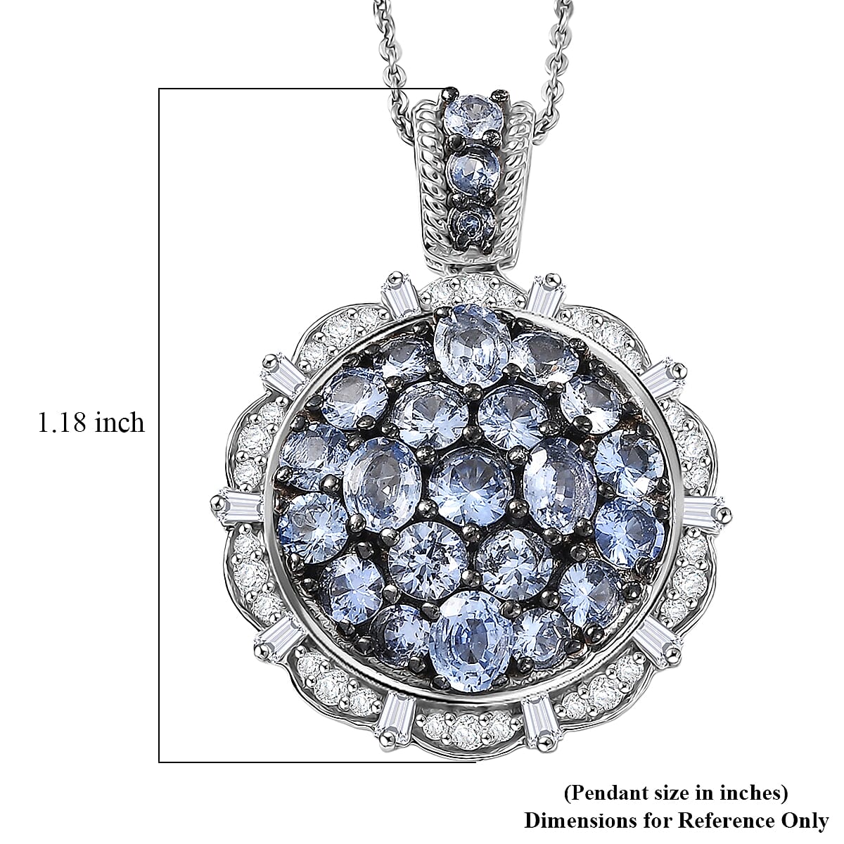 D'Joy Ceylon Blue Sapphire, Moissanite Floral Pendant Necklace in Rhodium Over Sterling Silver 4.10 ctw (20 Inches)