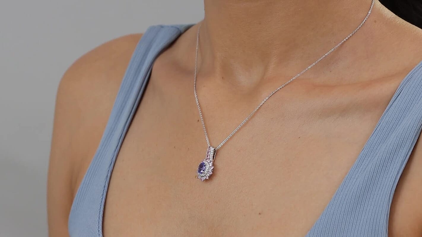 D'Joy Premium Tanzanite and Multi Gemstone 1.60 ctw Pendant Necklace in Rhodium Over Sterling Silver 20 Inches