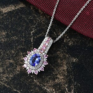 D'Joy Premium Tanzanite and Multi Gemstone 1.60 ctw Sunburst Pendant Necklace in Rhodium Over Sterling Silver 20 Inches