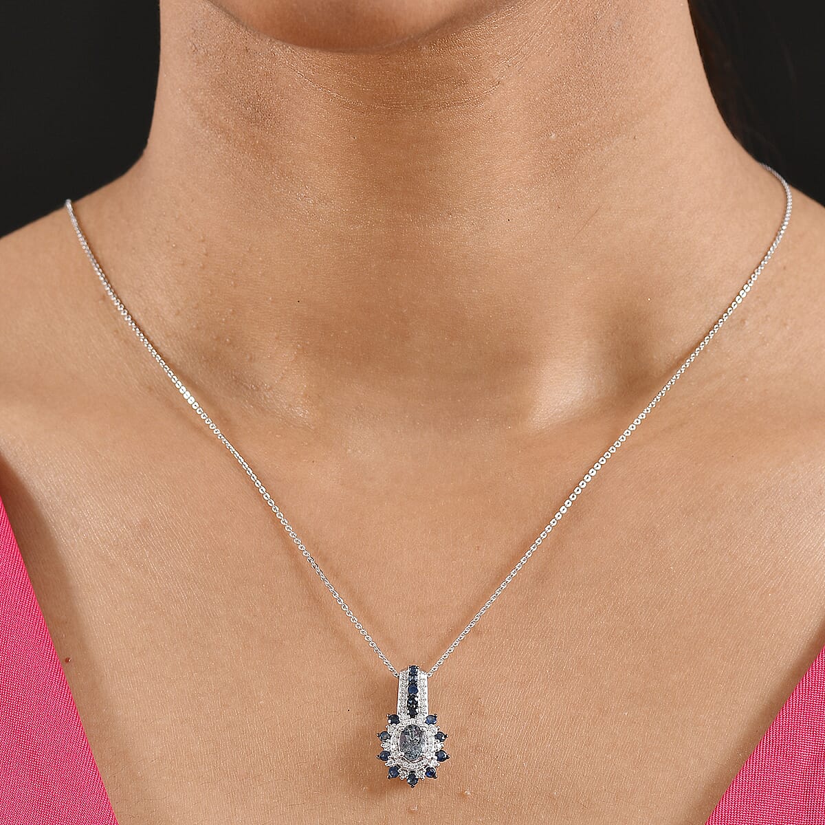 D'Joy Premium Peacock Tanzanite and Multi Gemstone 1.40 ctw Sunburst Pendant Necklace in Rhodium Over Sterling Silver 20 Inches image number 2