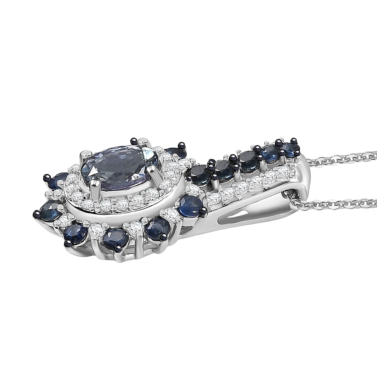 D'Joy Premium Peacock Tanzanite and Multi Gemstone 1.40 ctw Sunburst Pendant Necklace in Rhodium Over Sterling Silver 20 Inches image number 3