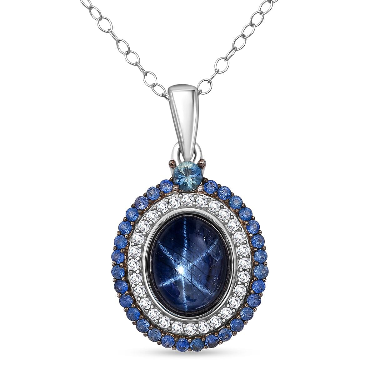D'Joy Premium Blue Star Sapphire (DF) and Multi Gemstone 5.75 ctw Royal Starflare Pendant Necklace in Rhodium Over Sterling Silver 20 Inches image number 0