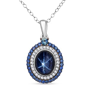 D'Joy Premium Blue Star Sapphire (DF) and Multi Gemstone 5.75 ctw Royal Starflare Pendant Necklace in Rhodium Over Sterling Silver 20 Inches