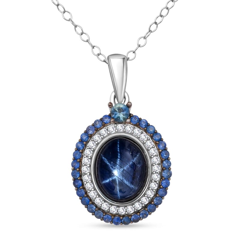 D'Joy Premium Blue Star Sapphire (DF) and Multi Gemstone 5.75 ctw Royal Starflare Pendant Necklace in Rhodium Over Sterling Silver 20 Inches