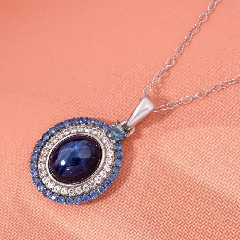 D'Joy Premium Blue Star Sapphire (DF) and Multi Gemstone 5.75 ctw Royal Starflare Pendant Necklace in Rhodium Over Sterling Silver 20 Inches