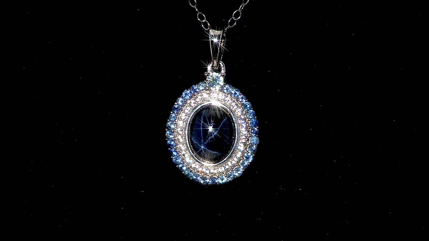 D'Joy Premium Blue Star Sapphire (DF) and Multi Gemstone 5.75 ctw Royal Starflare Pendant Necklace in Rhodium Over Sterling Silver 20 Inches