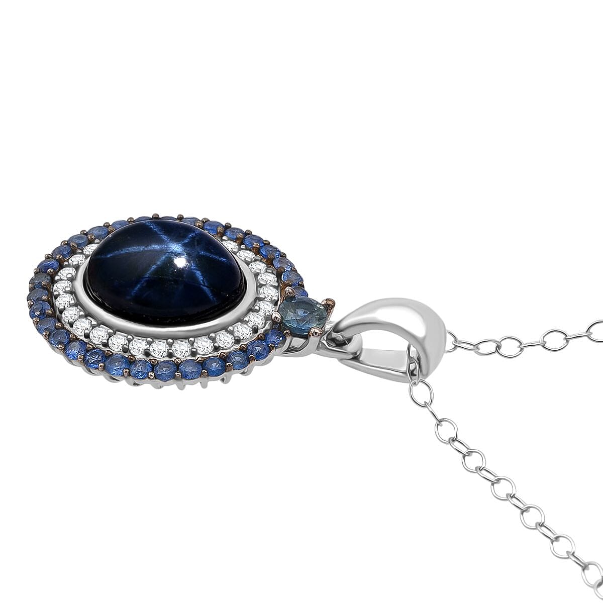 D'Joy Premium Blue Star Sapphire (DF) and Multi Gemstone 5.75 ctw Royal Starflare Pendant Necklace in Rhodium Over Sterling Silver 20 Inches image number 3