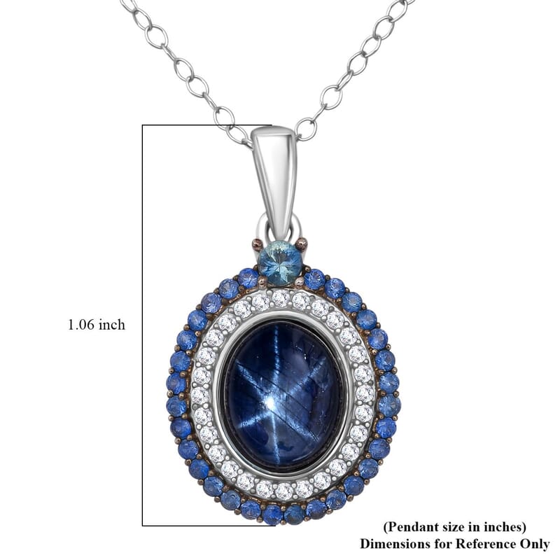 D'Joy Premium Blue Star Sapphire (DF) and Multi Gemstone 5.75 ctw Royal Starflare Pendant Necklace in Rhodium Over Sterling Silver 20 Inches