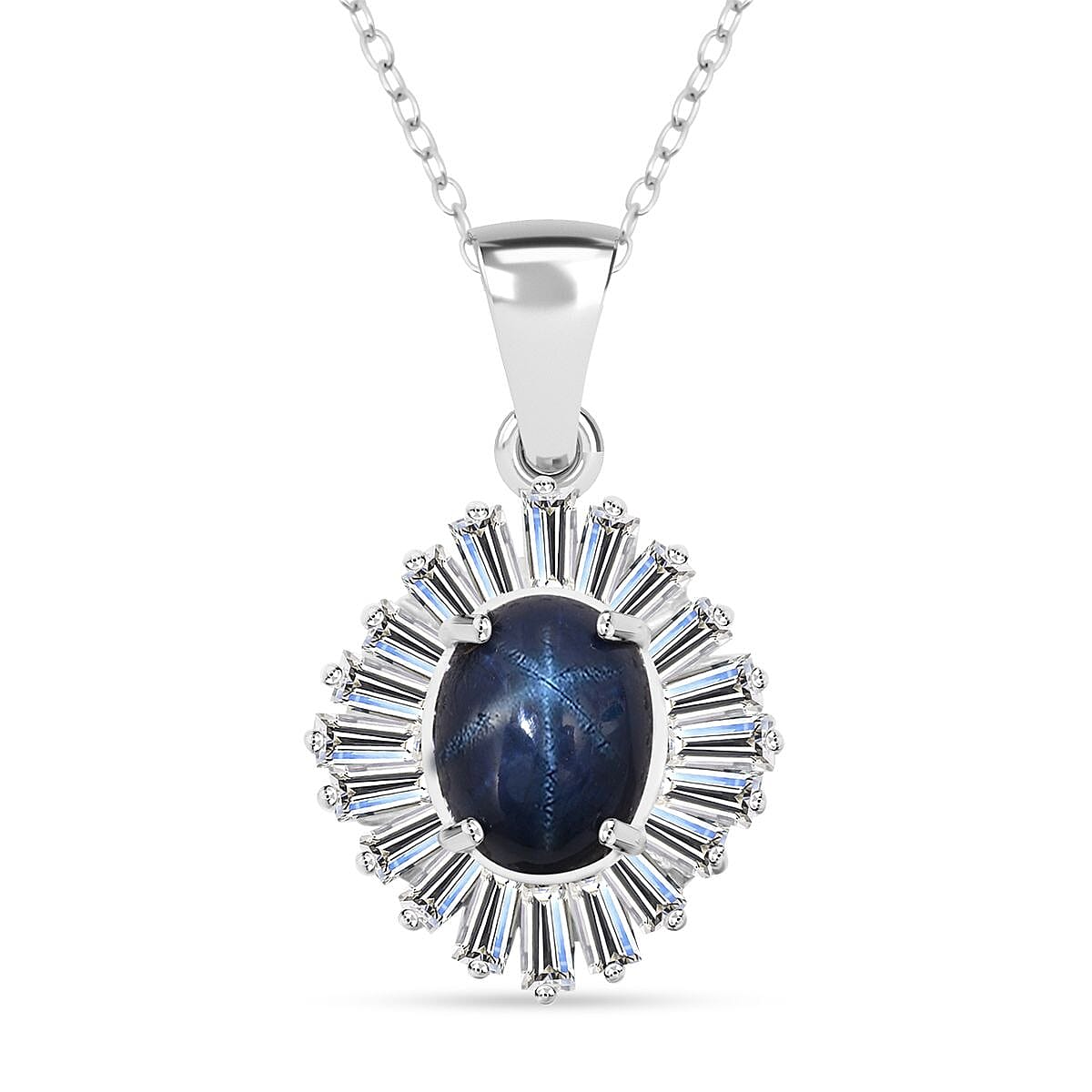 D'Joy Premium Blue Star Sapphire (DF) and Moissanite 3.15 ctw Pendant Necklace in Rhodium Over Sterling Silver 20 Inches image number 0