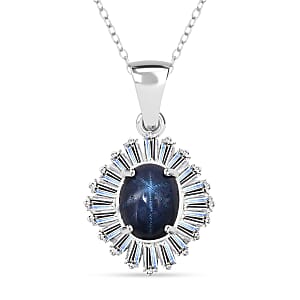 D'Joy Premium Blue Star Sapphire (DF) and Moissanite 3.15 ctw Pendant Necklace in Rhodium Over Sterling Silver 20 Inches