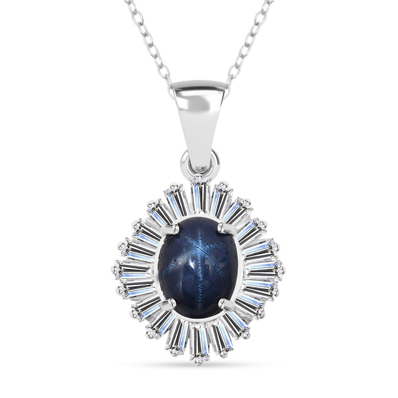D'Joy Premium Blue Star Sapphire (DF) and Moissanite 3.15 ctw Celestial Crown Pendant Necklace in Rhodium Over Sterling Silver 20 Inches