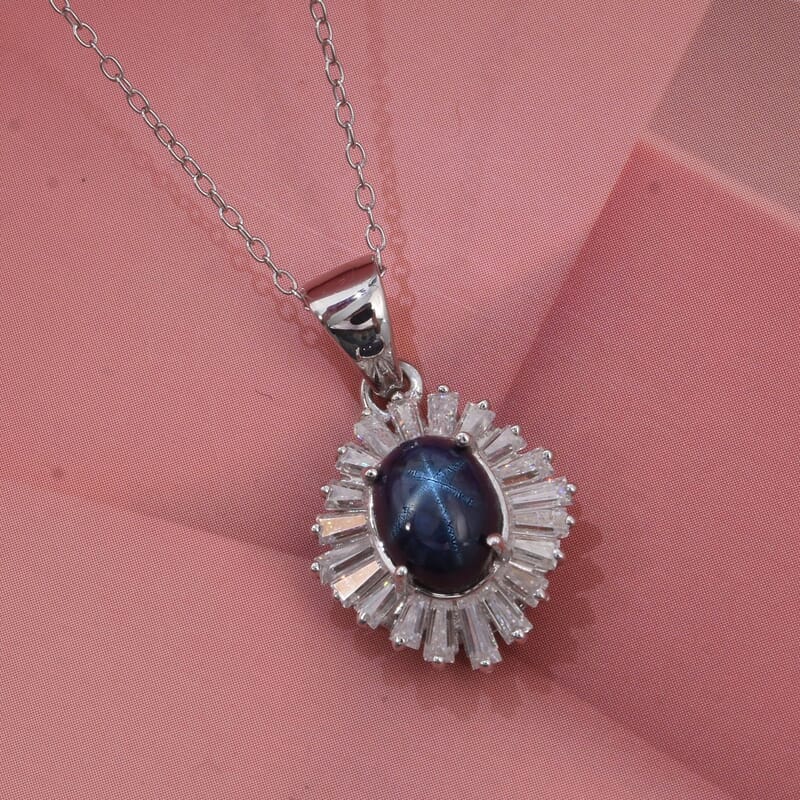 D'Joy Premium Blue Star Sapphire (DF) and Moissanite 3.15 ctw Celestial Crown Pendant Necklace in Rhodium Over Sterling Silver 20 Inches