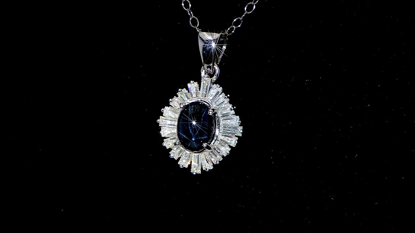 D'Joy Premium Blue Star Sapphire (DF) and Moissanite 3.15 ctw Celestial Crown Pendant Necklace in Rhodium Over Sterling Silver 20 Inches