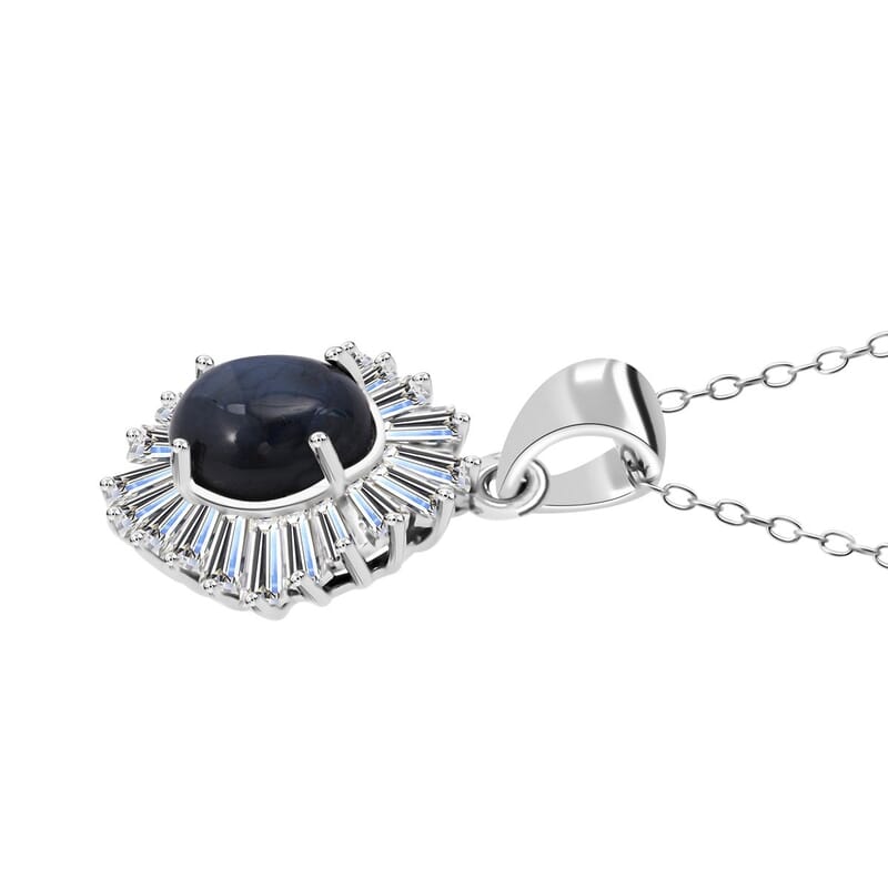 D'Joy Premium Blue Star Sapphire (DF) and Moissanite 3.15 ctw Celestial Crown Pendant Necklace in Rhodium Over Sterling Silver 20 Inches