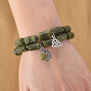 Set of 2 Connemara Marble 49.00 ctw Beaded Stretch Bracelet with Moon and Knot Charm in Silvertone (6.5-7.0In)