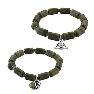 Set of 2 Connemara Marble 49.00 ctw Beaded Stretch Bracelet with Moon and Knot Charm in Silvertone (6.5-7.0In)