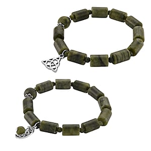 Set of 2 Connemara Marble 49.00 ctw Beaded Stretch Bracelet with Moon and Knot Charm in Silvertone (6.5-7.0In)