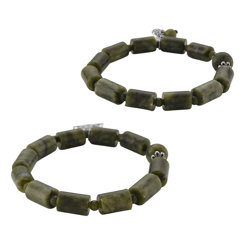 Set of 2 Connemara Marble 49.00 ctw Beaded Stretch Bracelet with Moon and Knot Charm in Silvertone (6.5-7.0In)
