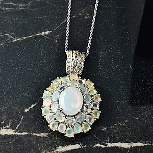 D'Joy Premium Ethiopian Welo Opal 5.30 ctw Bloom Pendant Necklace in 18K Vermeil YG and Rhodium Over Sterling Silver 20 Inches