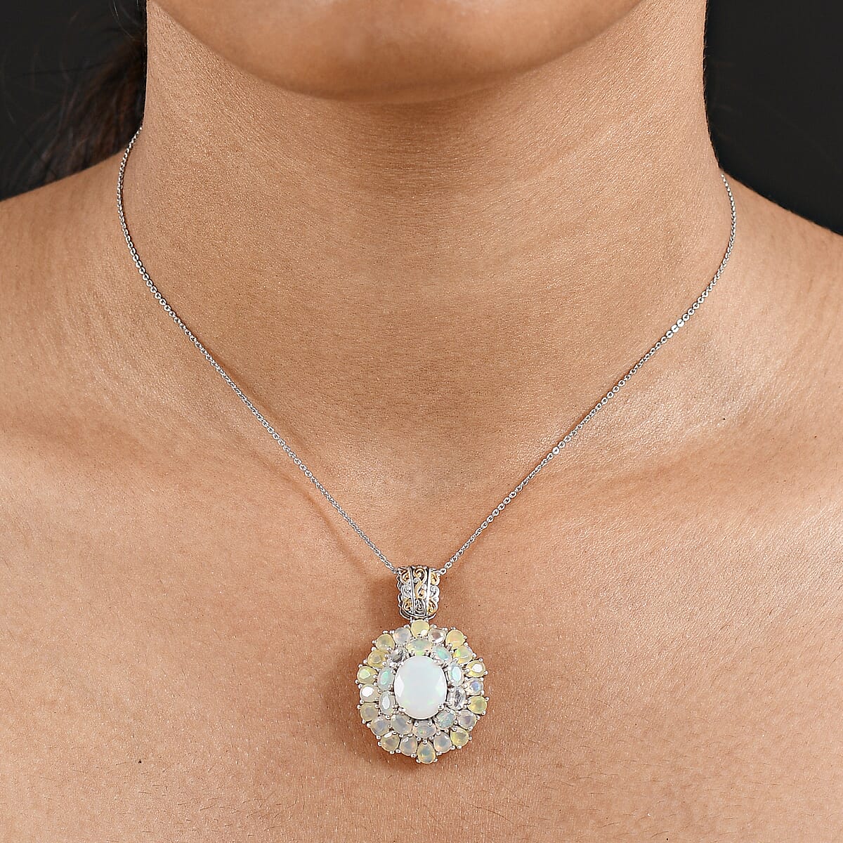 D'Joy Premium Ethiopian Welo Opal 5.30 ctw Bloom Pendant Necklace in 18K Vermeil YG and Rhodium Over Sterling Silver 20 Inches image number 2