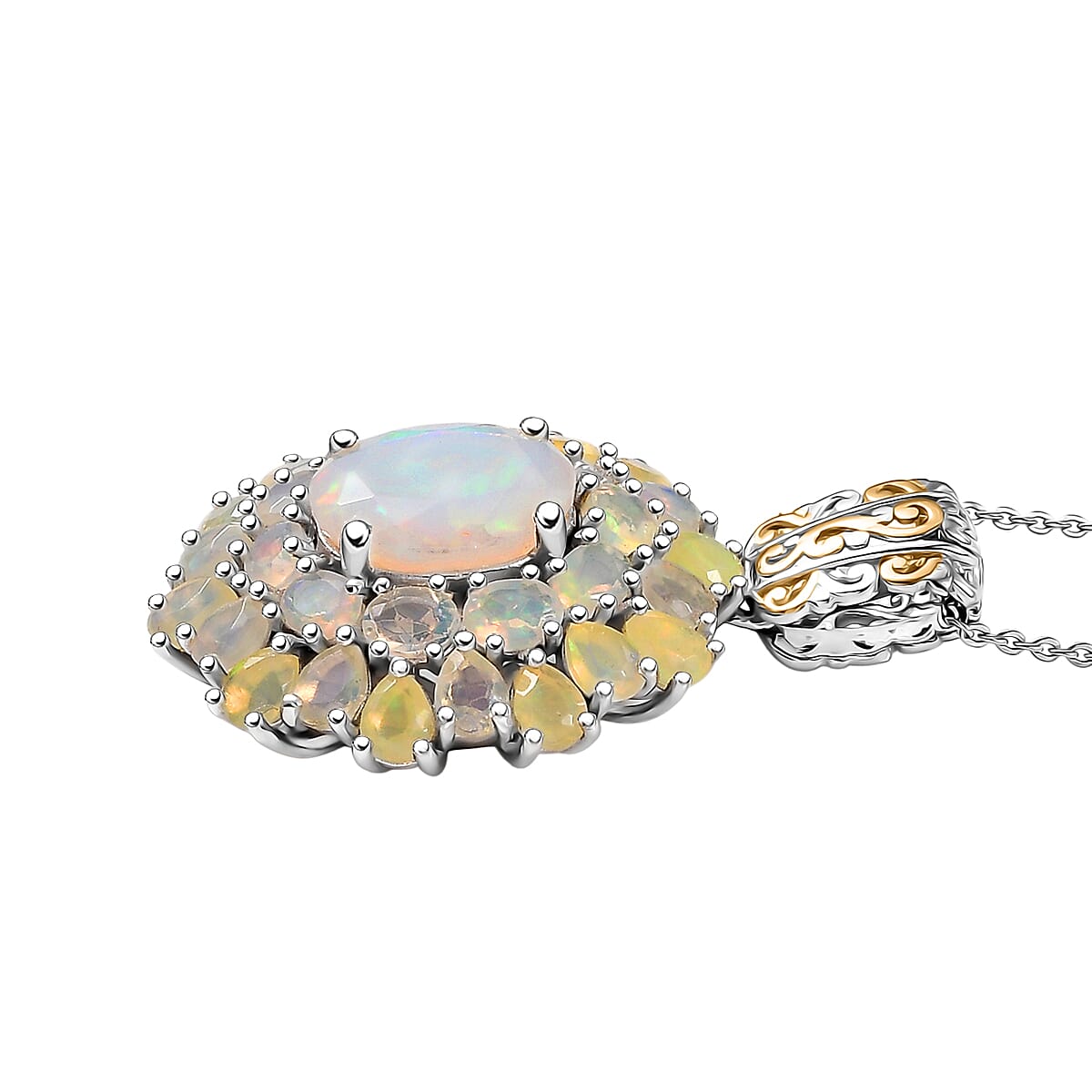 D'Joy Premium Ethiopian Welo Opal 5.30 ctw Bloom Pendant Necklace in 18K Vermeil YG and Rhodium Over Sterling Silver 20 Inches image number 3