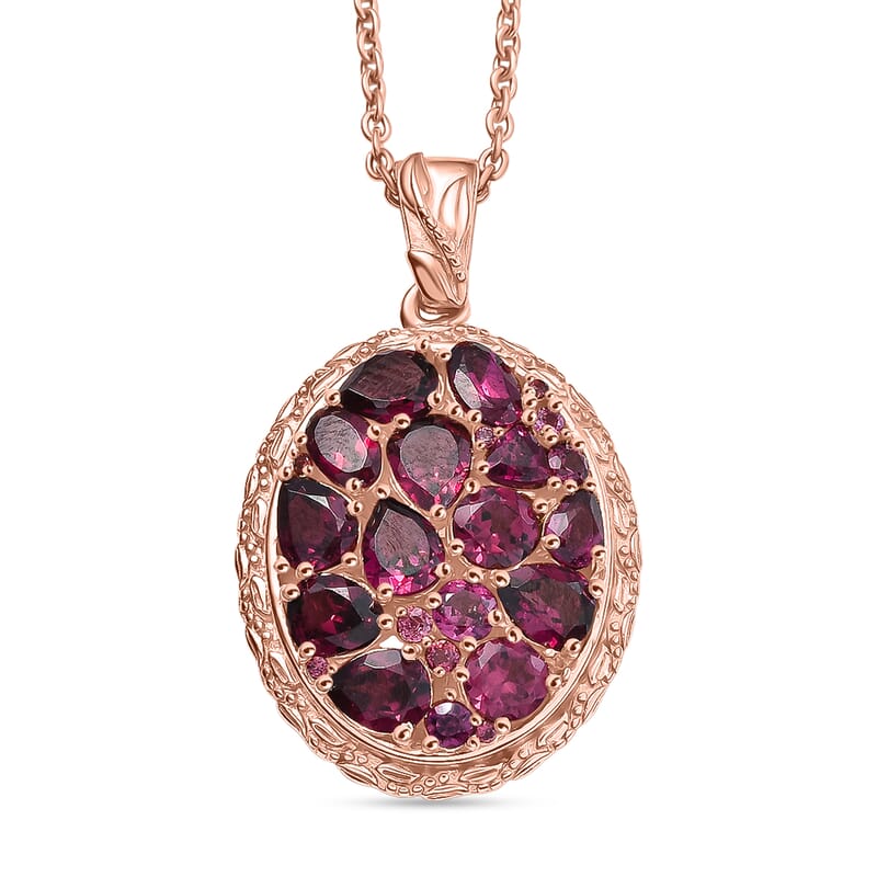 EverTrue Orissa Rhodolite Garnet 4.80 ctw Floral Cluster Pendant in 18K RG Plated with ION Plated RG Stainless Steel Necklace 20 Inches