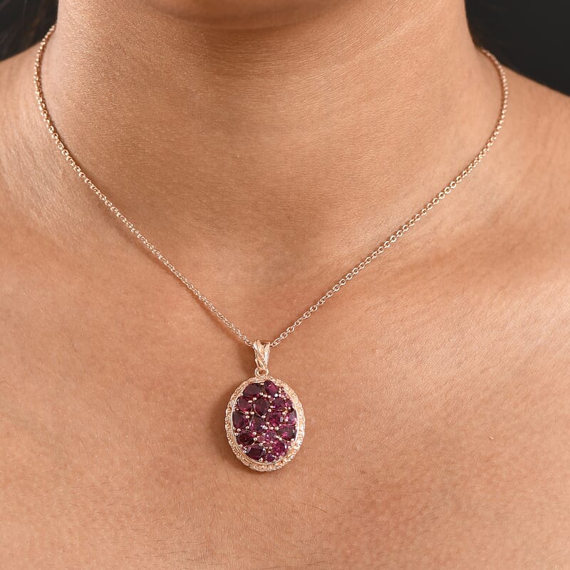 EverTrue Orissa Rhodolite Garnet 4.80 ctw Floral Cluster Pendant in 18K RG Plated with ION Plated RG Stainless Steel Necklace 20 Inches