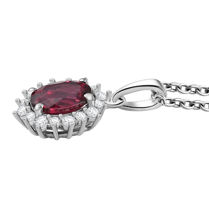 D'Joy Orissa Rhodolite Garnet and White Zircon 2.05 ctw Radiance of Sunburst Pendant Necklace 20 Inches in Platinum Over Sterling Silver