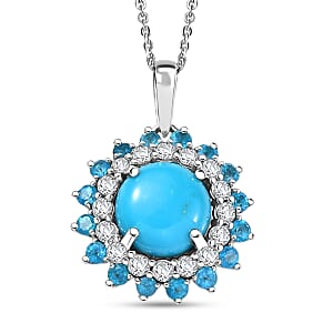 D'Joy Premium Sleeping Beauty Turquoise and Multi Gemstone 3.80 ctw Pendant Necklace 20 Inches in Rhodium Over Sterling Silver